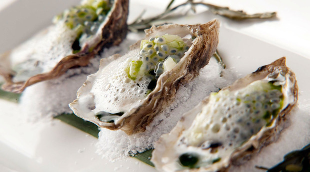 Warm oysters with leek fondue, basil caviar, and warm champagne sauce (Source: The Out NYC)