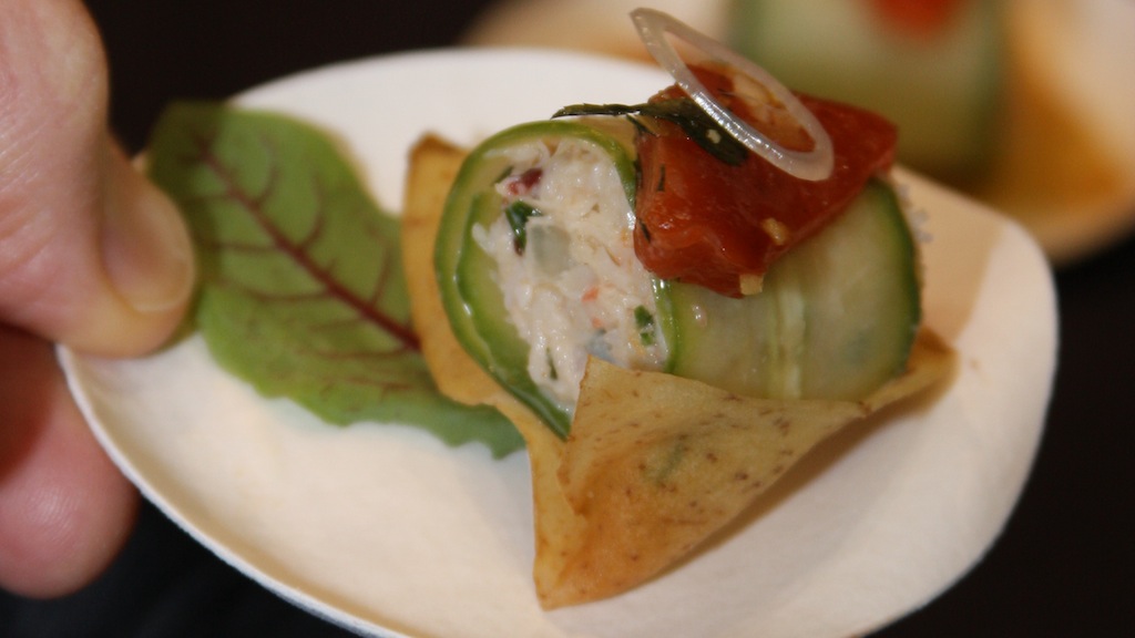 One of the most beautiful and delicious culinary offerings came from Blackfish: Dungeness crab salad in a cucumber wrap, with house Sockeye lox, served on a taro root crisp. (Source: MRNY)