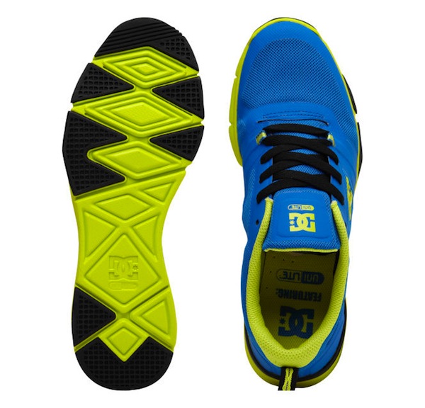 The brand-new DC Training Collection Unilite Flex Trainers in bright blue with a neon chartreuse sole.